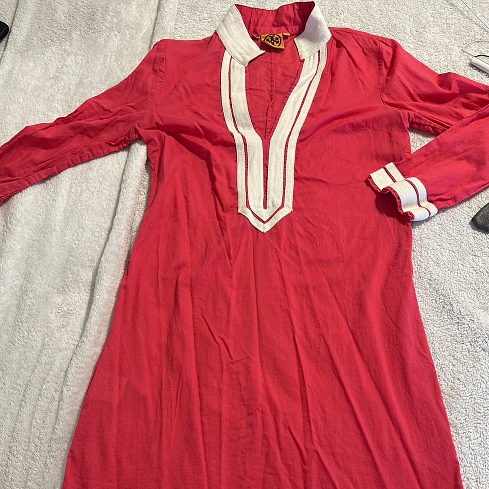 Red Long-Sleeve tunic Tory Burch  top or Dress with White Accents